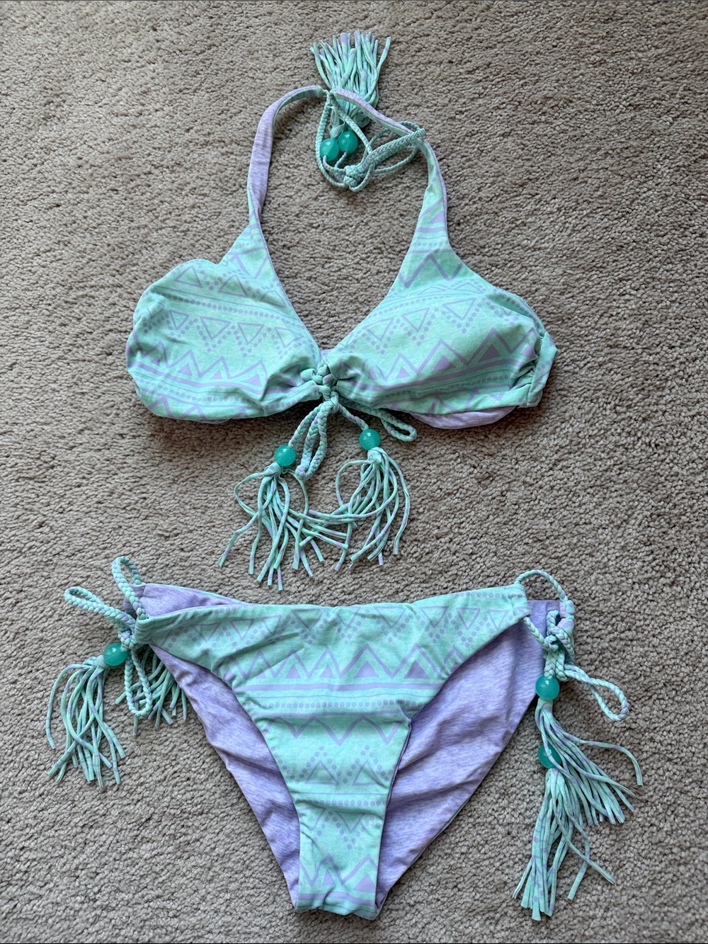 Victoria's Secret Reversible Blue/Lilac Halter Bikini with Blue Tassels - Picture 3 of 10